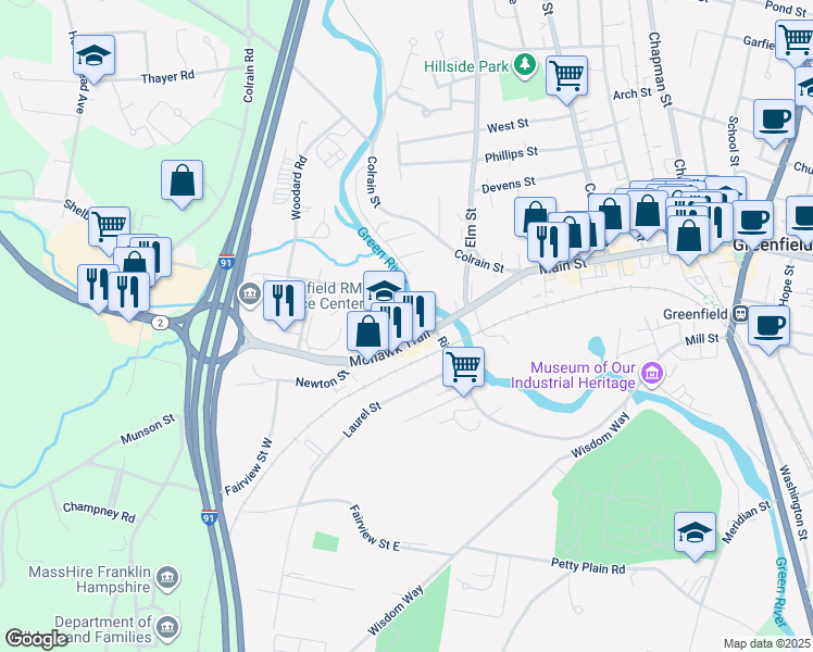 map of restaurants, bars, coffee shops, grocery stores, and more near 70 Shelburne Road in Greenfield