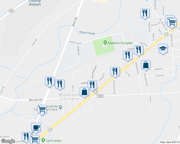 map of restaurants, bars, coffee shops, grocery stores, and more near 143 Chelsea Drive in Cortland
