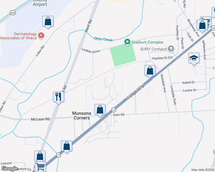 map of restaurants, bars, coffee shops, grocery stores, and more near 107 Chelsea Drive in Cortland