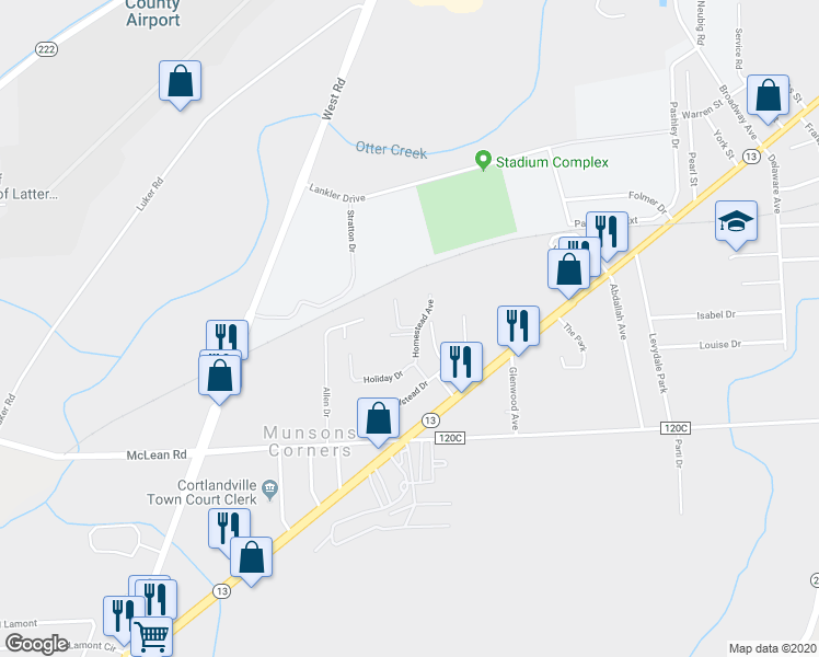 map of restaurants, bars, coffee shops, grocery stores, and more near 93 Chelsea Drive in Cortland