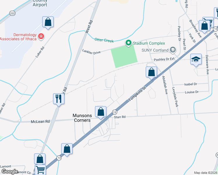 map of restaurants, bars, coffee shops, grocery stores, and more near 85 Chelsea Drive in Cortland