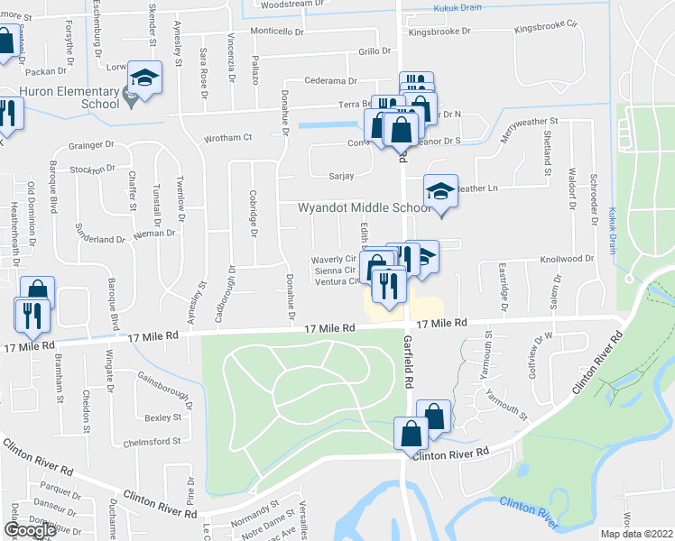 map of restaurants, bars, coffee shops, grocery stores, and more near 16590 Ventura Circle in Clinton Township