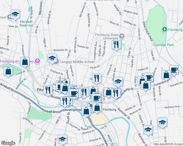 map of restaurants, bars, coffee shops, grocery stores, and more near 102 Day Street in Fitchburg