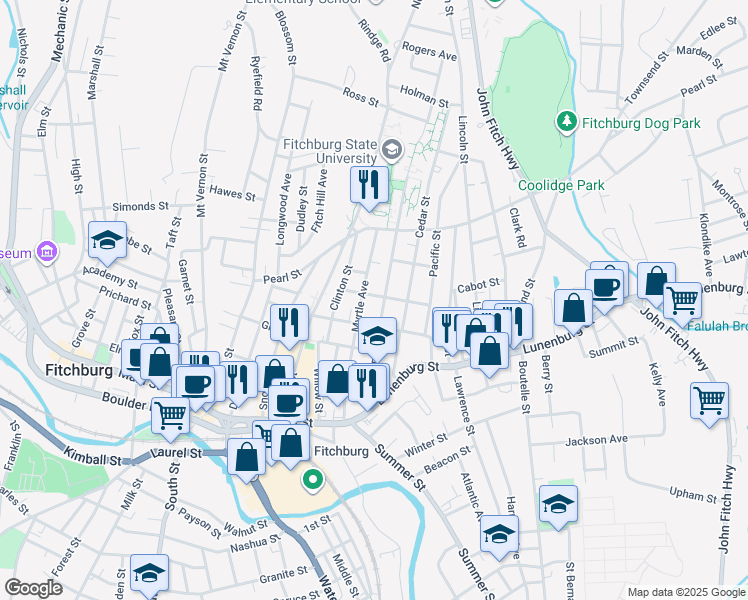 map of restaurants, bars, coffee shops, grocery stores, and more near 96 Myrtle Avenue in Fitchburg