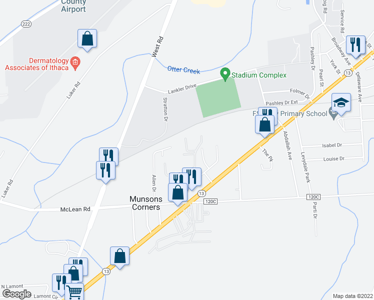 map of restaurants, bars, coffee shops, grocery stores, and more near 86 Chelsea Drive in Cortland