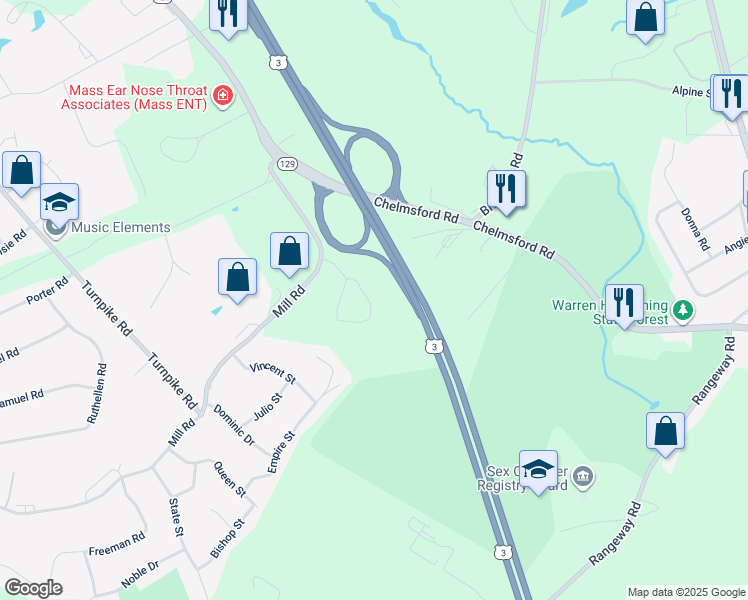 map of restaurants, bars, coffee shops, grocery stores, and more near 271 Mill Road in Chelmsford