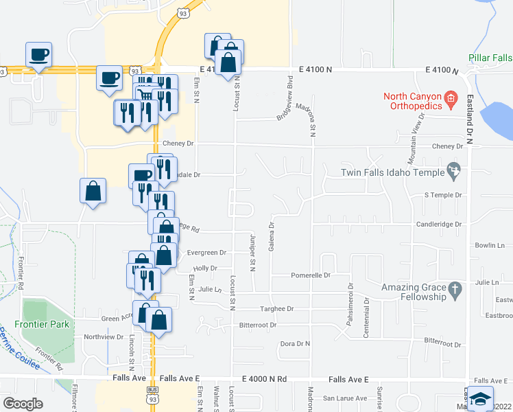 map of restaurants, bars, coffee shops, grocery stores, and more near 1566 Brookside Loop in Twin Falls