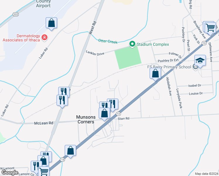 map of restaurants, bars, coffee shops, grocery stores, and more near 95 Chelsea Drive in Cortland