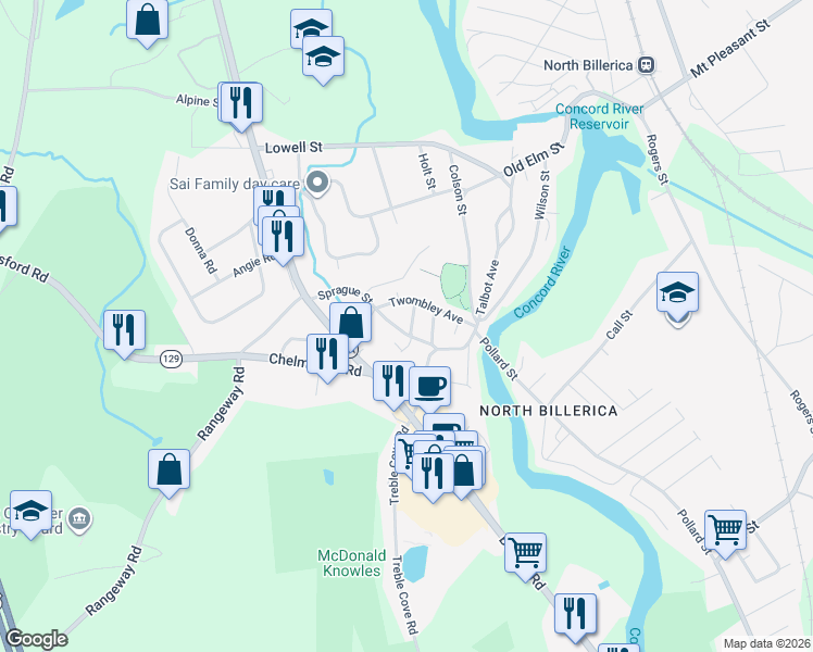 map of restaurants, bars, coffee shops, grocery stores, and more near 14 Sprague Street in Billerica