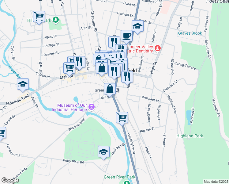 map of restaurants, bars, coffee shops, grocery stores, and more near Bank Row in Greenfield