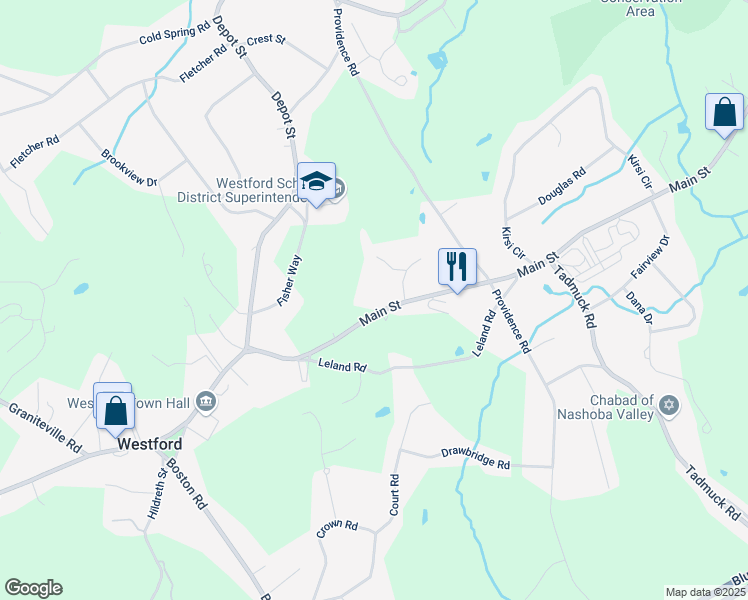 map of restaurants, bars, coffee shops, grocery stores, and more near 89 Main Street in Westford