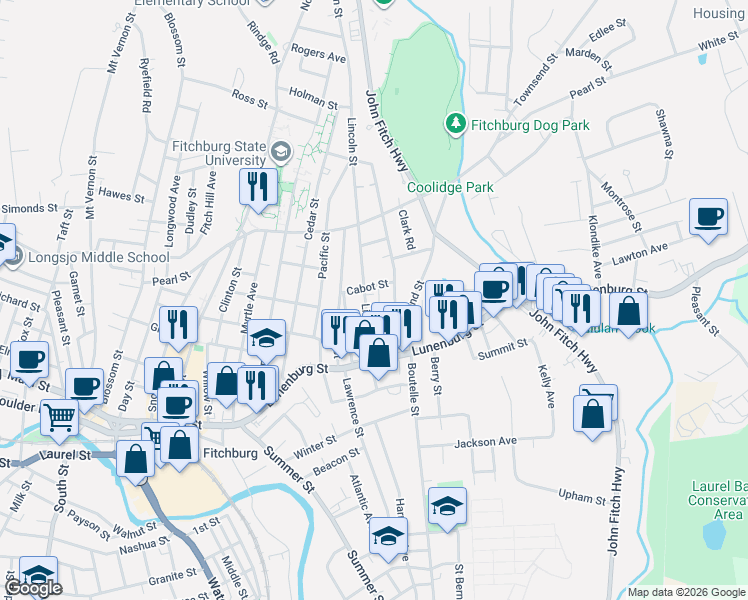 map of restaurants, bars, coffee shops, grocery stores, and more near 44 Lincoln Street in Fitchburg