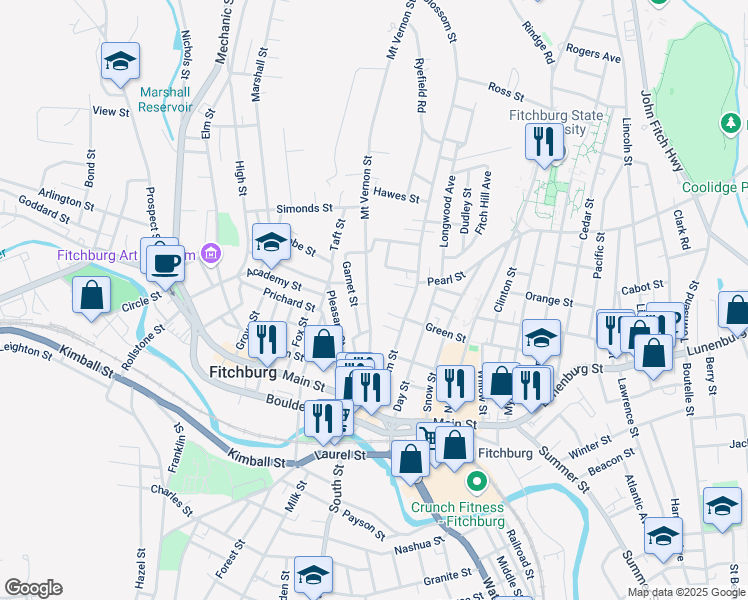 map of restaurants, bars, coffee shops, grocery stores, and more near 102 Blossom Street in Fitchburg