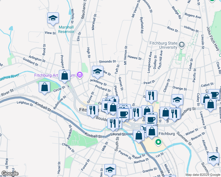 map of restaurants, bars, coffee shops, grocery stores, and more near 79 Prichard Street in Fitchburg