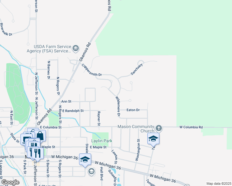 map of restaurants, bars, coffee shops, grocery stores, and more near 225 Wildemere Drive in Mason