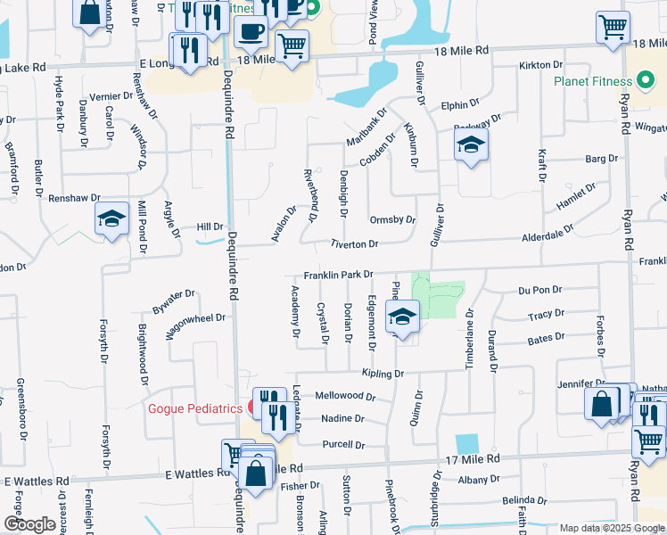 map of restaurants, bars, coffee shops, grocery stores, and more near 2310 Franklin Park Drive in Sterling Heights