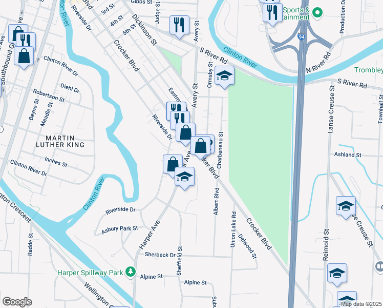 map of restaurants, bars, coffee shops, grocery stores, and more near 38992 Farmcrest Street in Clinton Township