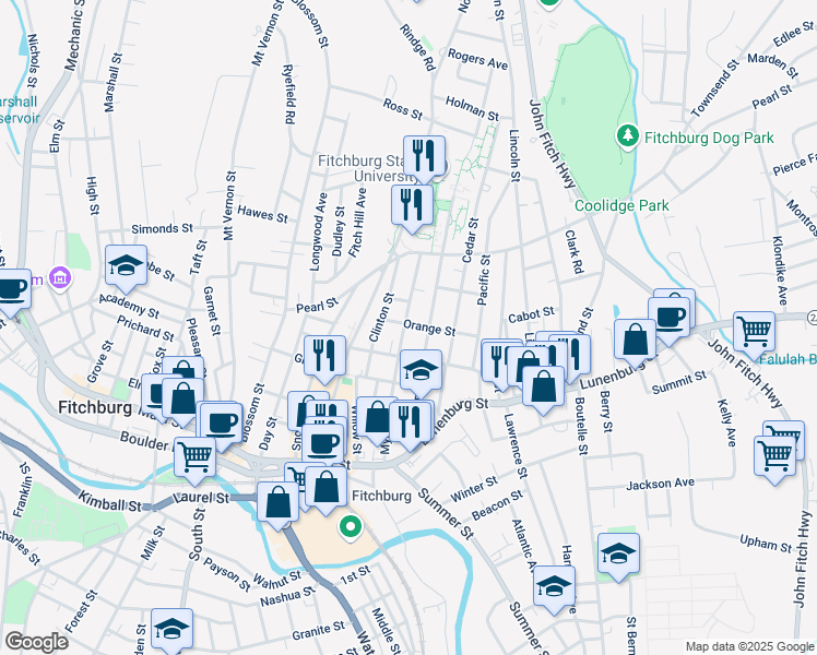 map of restaurants, bars, coffee shops, grocery stores, and more near 114 Myrtle Avenue in Fitchburg