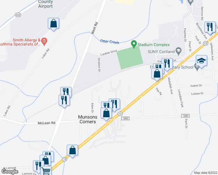 map of restaurants, bars, coffee shops, grocery stores, and more near 105 Chelsea Drive in Cortland