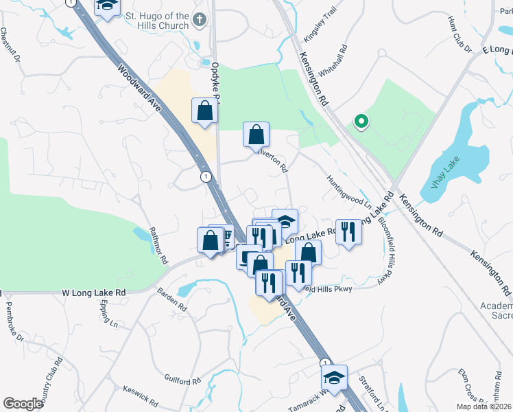 map of restaurants, bars, coffee shops, grocery stores, and more near 40740 Woodward Avenue in Bloomfield Hills