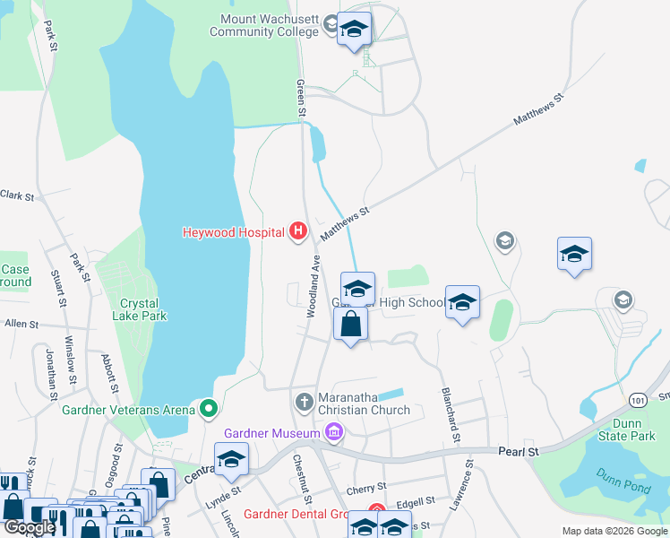 map of restaurants, bars, coffee shops, grocery stores, and more near 185 Green Street in Gardner