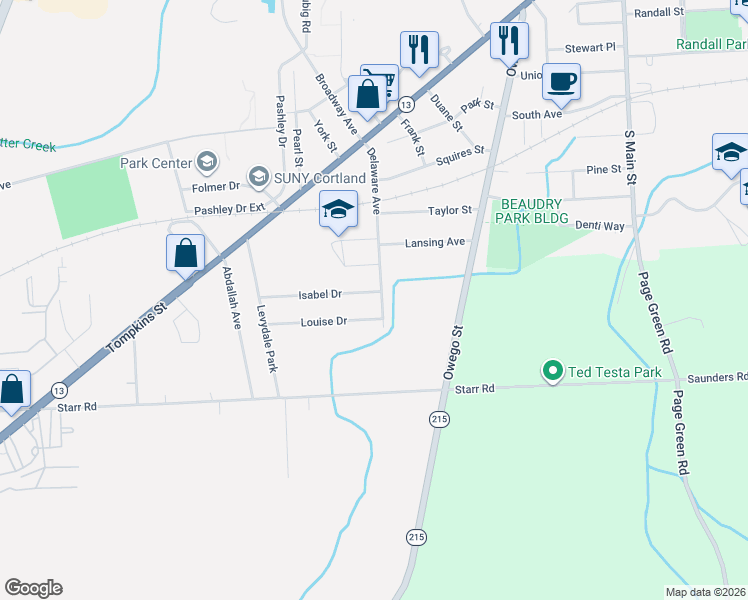 map of restaurants, bars, coffee shops, grocery stores, and more near 1280 Louise Drive in Cortland
