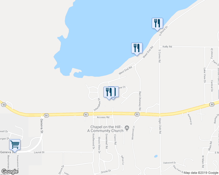 map of restaurants, bars, coffee shops, grocery stores, and more near 37 Lausanne Court in Lake Geneva