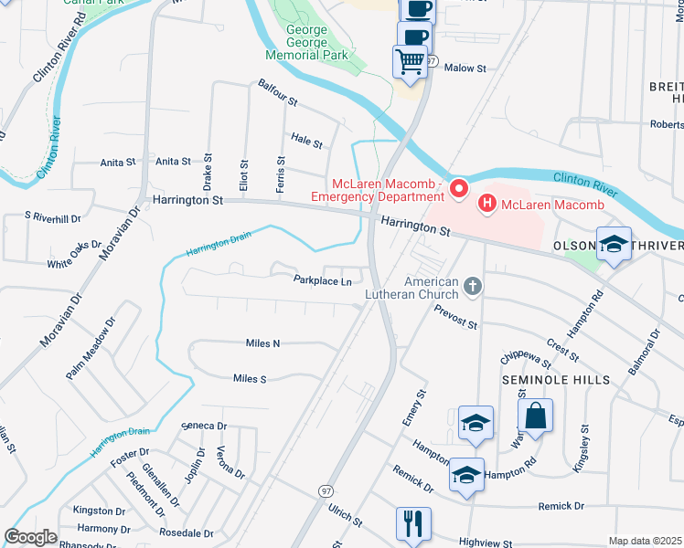 map of restaurants, bars, coffee shops, grocery stores, and more near 38844 Parkview Drive in Charter Township of Clinton