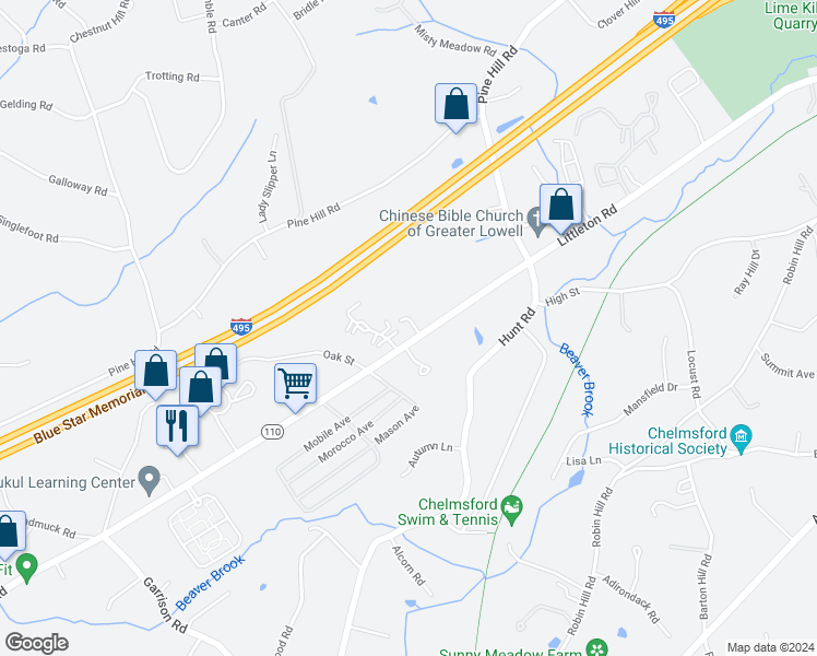 map of restaurants, bars, coffee shops, grocery stores, and more near 235 Littleton Road in Chelmsford