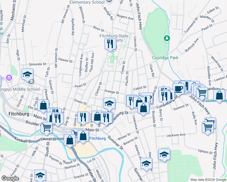 map of restaurants, bars, coffee shops, grocery stores, and more near 165 Highland Avenue in Fitchburg