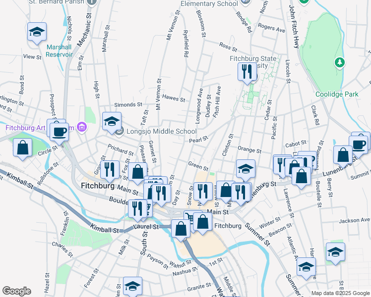 map of restaurants, bars, coffee shops, grocery stores, and more near 167 Blossom Street in Fitchburg