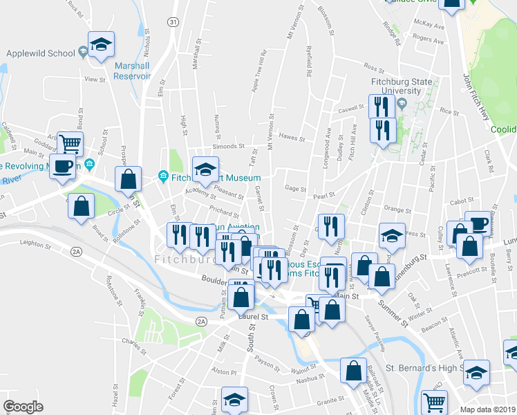 map of restaurants, bars, coffee shops, grocery stores, and more near 35 Garnet Street in Fitchburg