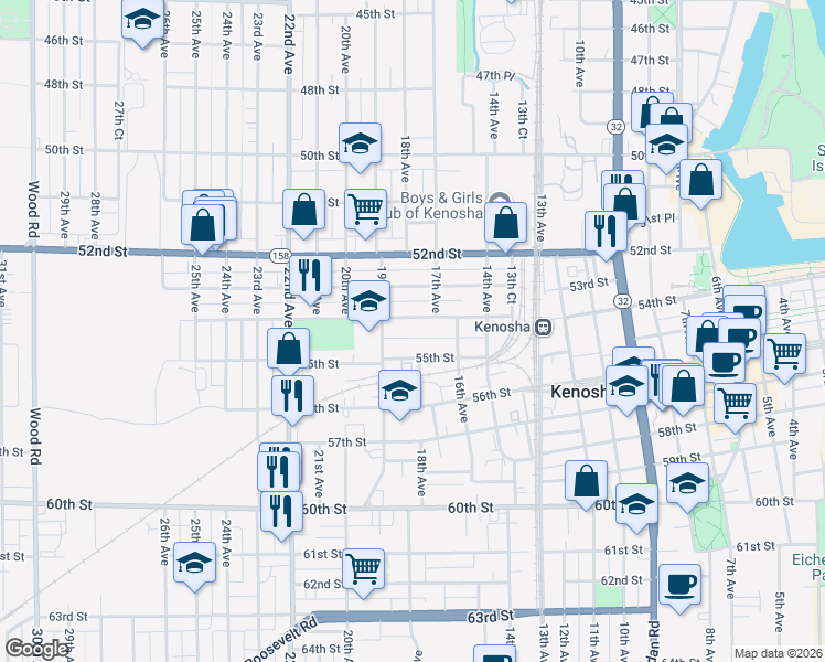 map of restaurants, bars, coffee shops, grocery stores, and more near 1814 54th Street in Kenosha