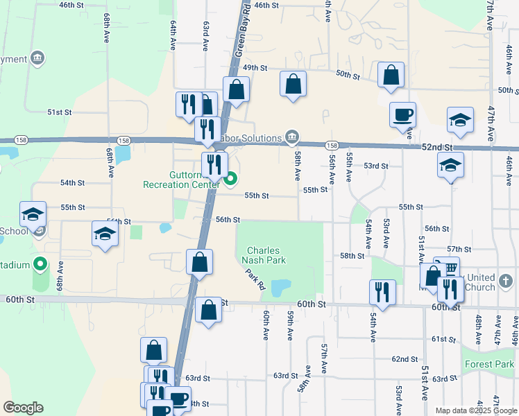 map of restaurants, bars, coffee shops, grocery stores, and more near 6025 55th Street in Kenosha