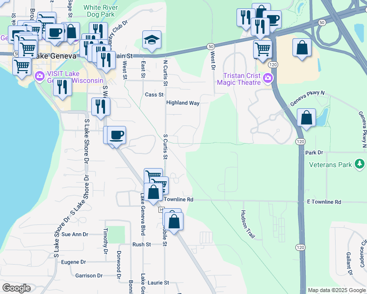map of restaurants, bars, coffee shops, grocery stores, and more near 405 Skyline Drive in Lake Geneva