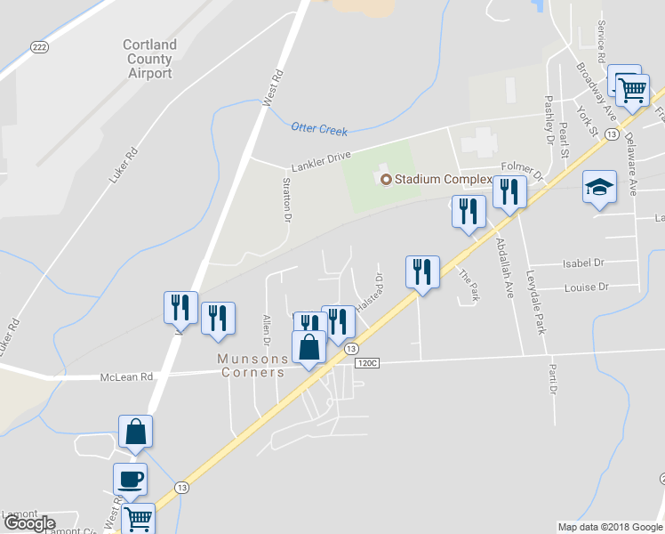 map of restaurants, bars, coffee shops, grocery stores, and more near 96 Chelsea Drive in Cortland