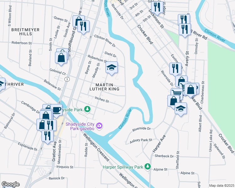 map of restaurants, bars, coffee shops, grocery stores, and more near 40 Mulligan Drive in Mount Clemens