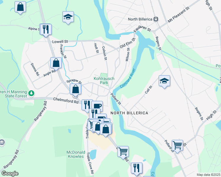 map of restaurants, bars, coffee shops, grocery stores, and more near 104 Wilson Street in Billerica