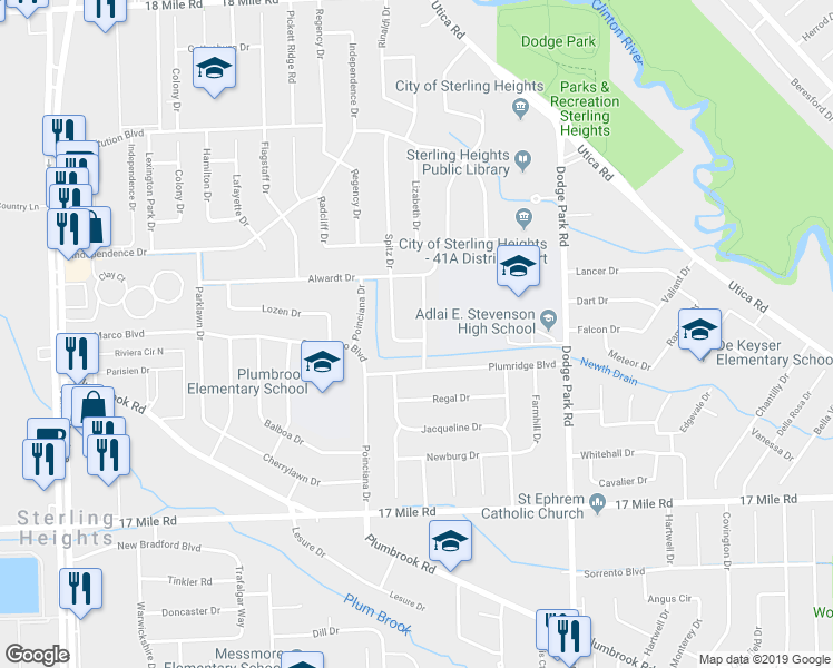 map of restaurants, bars, coffee shops, grocery stores, and more near 39711 Karola Drive in Sterling Heights