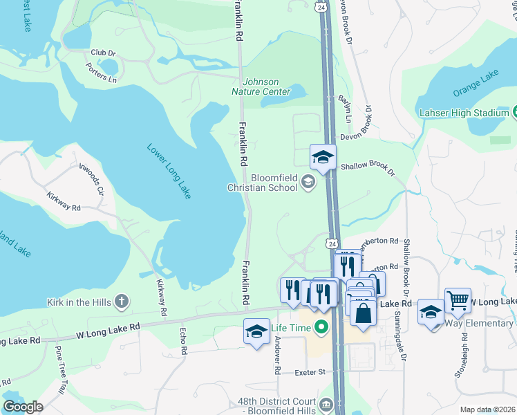 map of restaurants, bars, coffee shops, grocery stores, and more near 3675 Franklin Road in Bloomfield Hills