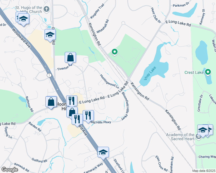 map of restaurants, bars, coffee shops, grocery stores, and more near 1790 Huntingwood Lane in Bloomfield Hills