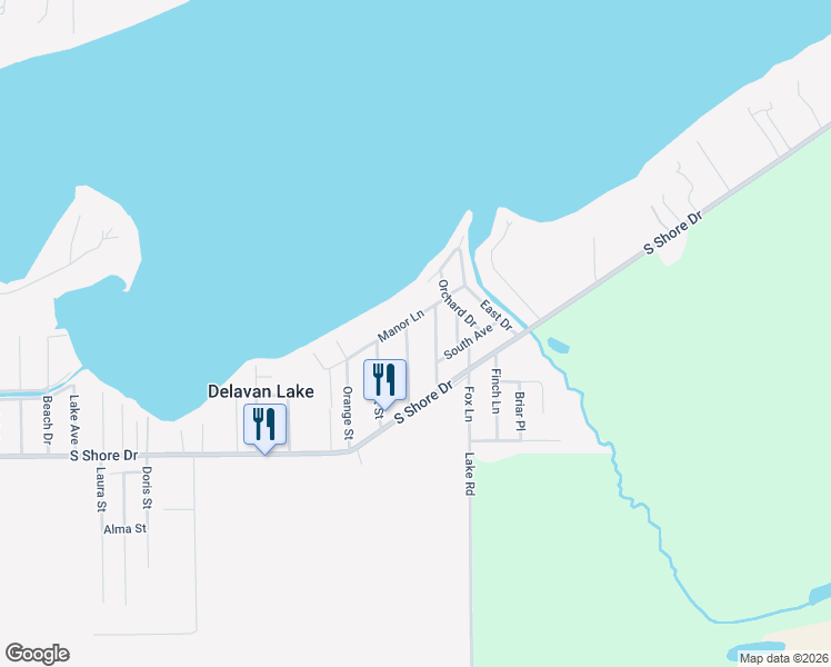 map of restaurants, bars, coffee shops, grocery stores, and more near 2502 Manor Lane in Delavan