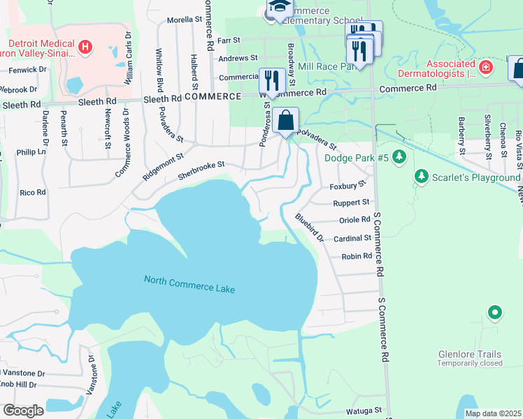 map of restaurants, bars, coffee shops, grocery stores, and more near 4331 Creedmore Street in Commerce Charter Township
