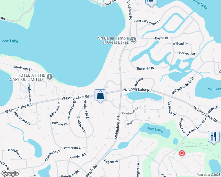 map of restaurants, bars, coffee shops, grocery stores, and more near 2335 North Pine Center Drive in West Bloomfield Township