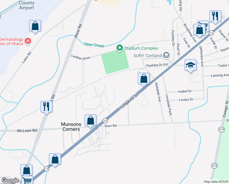 map of restaurants, bars, coffee shops, grocery stores, and more near 1 Halstead Rd in Cortland