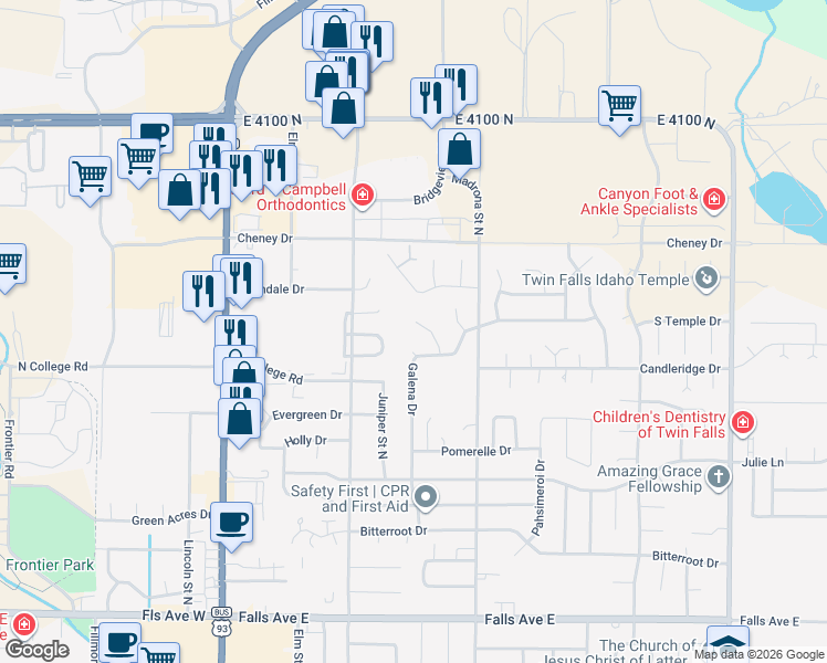 map of restaurants, bars, coffee shops, grocery stores, and more near 1392 Stoneybrook Circle in Twin Falls