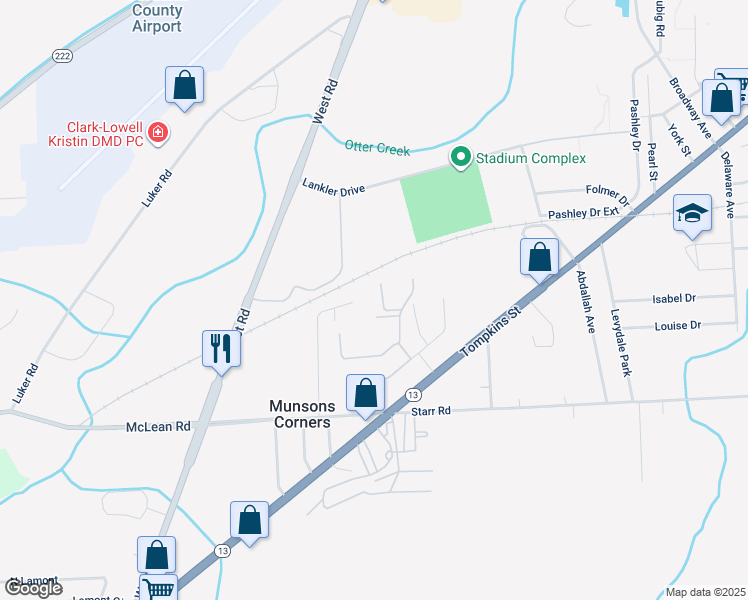 map of restaurants, bars, coffee shops, grocery stores, and more near 127 Chelsea Drive in Cortland