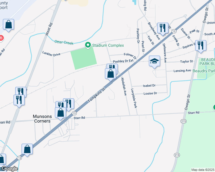 map of restaurants, bars, coffee shops, grocery stores, and more near Tompkins Street & The Park in Cortland