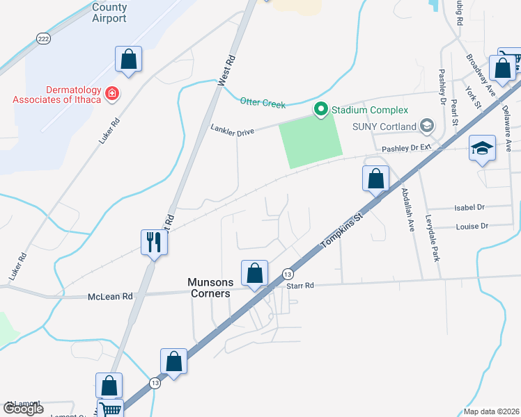 map of restaurants, bars, coffee shops, grocery stores, and more near 129 Chelsea Drive in Cortland
