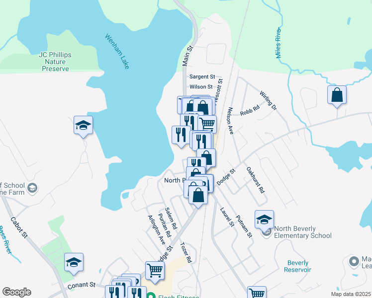 map of restaurants, bars, coffee shops, grocery stores, and more near 40 Enon Street in Beverly